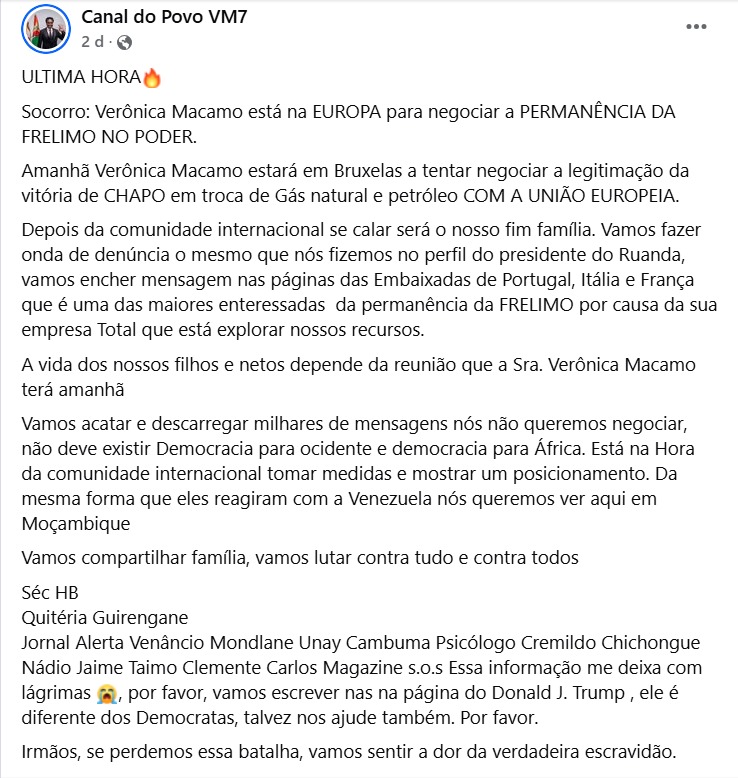 Não há evidencias da presença de Verónica Macamo em Bruxelas muito menos negociações para manter a Frelimo no poder