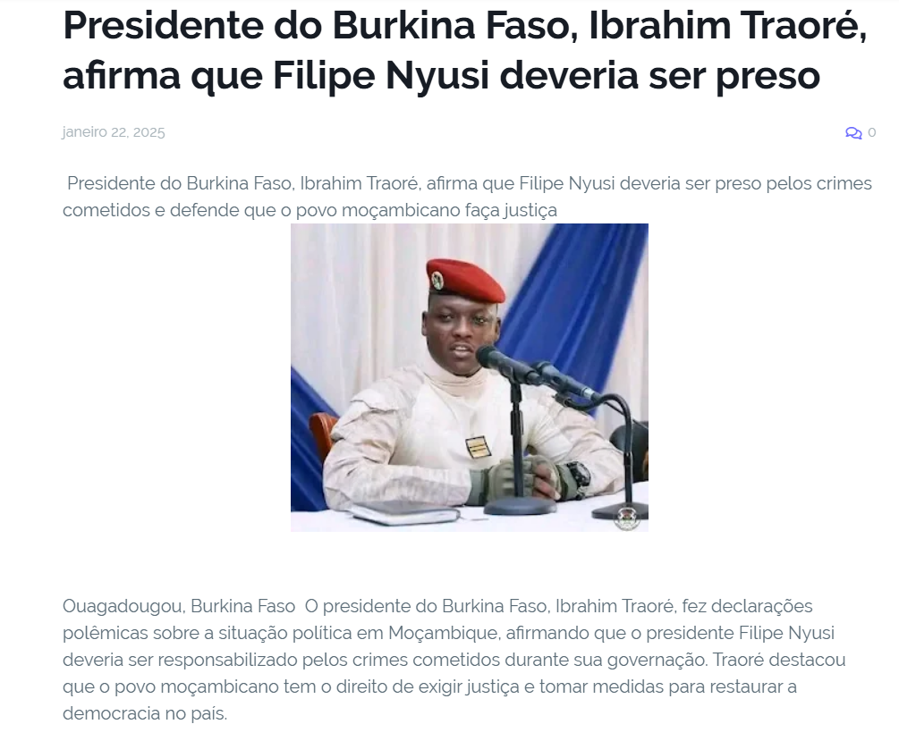 Presidente do Burkina Faso não disse que Filipe Nyusi deveria ser preso